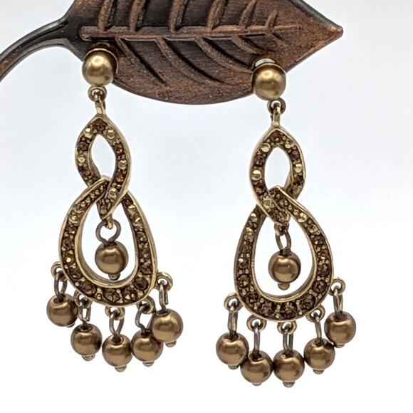 Vintage MONET Faux Pearl Rhinestone Chandelier Dangle Drop Earrings Bronze Tone - Picture 4 of 6
